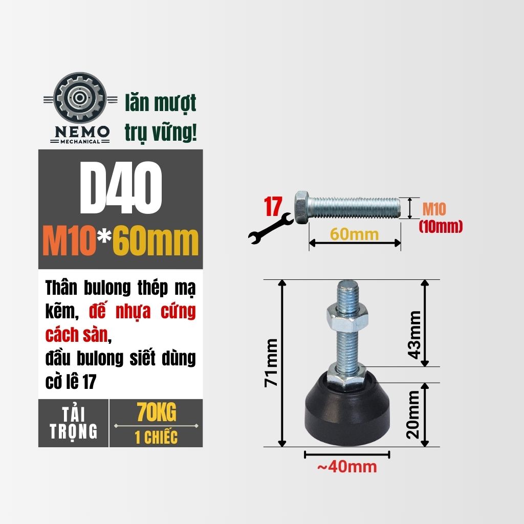 Chân Tăng Chỉnh Đế Nhựa Cứng – Giải Pháp Cân Bằng & Chống Rung (M10, M12, M16)